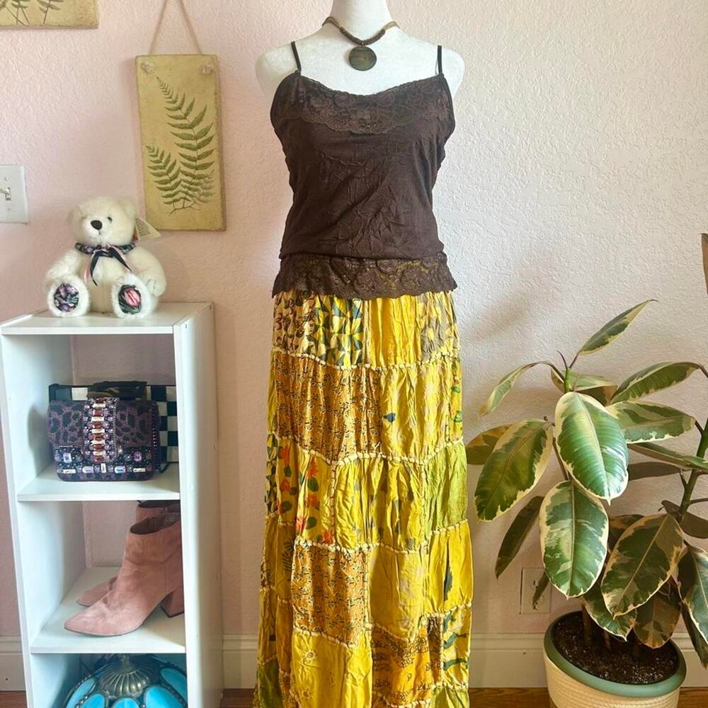 Bohemian flowy skirt, 100% lightweight cotton, earthy gold patchwork maxi skirt
